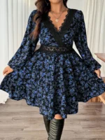 Elorivane Plus Size Ditsy Floral Dress, Lace Trim Lantern Sleeve Boho Outfit, Autumn Beach Holiday Wear - Image 9