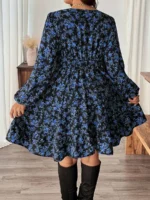 Elorivane Plus Size Ditsy Floral Dress, Lace Trim Lantern Sleeve Boho Outfit, Autumn Beach Holiday Wear - Image 10
