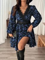 Elorivane Plus Size Ditsy Floral Dress, Lace Trim Lantern Sleeve Boho Outfit, Autumn Beach Holiday Wear - Image 11