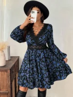 Elorivane Plus Size Ditsy Floral Dress, Lace Trim Lantern Sleeve Boho Outfit, Autumn Beach Holiday Wear - Image 12
