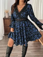 Elorivane Plus Size Ditsy Floral Dress, Lace Trim Lantern Sleeve Boho Outfit, Autumn Beach Holiday Wear - Image 14