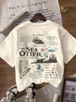 Elorivane Women's White Vintage Sea Otter Biology Tee, Plus Size Round Neck Casual Summer - Image 2