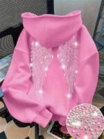 Elorivane Women's Black Glitter Hoodie, Rhinestone Wing Design Cute Casual Sweatshirt for Autumn Back To School - Image 20