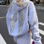 Elorivane Women's Light Grey Angel Wings Sweatshirt, Sequin Embroidery Y2K Dropped Shoulder Fall