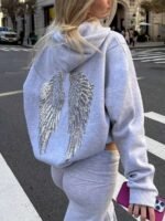 Elorivane Women's Light Grey Angel Wings Sweatshirt, Sequin Embroidery Y2K Dropped Shoulder Fall