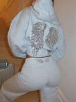 Elorivane Women's Light Grey Angel Wings Sweatshirt, Sequin Embroidery Y2K Dropped Shoulder Fall - Image 4