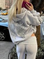 Elorivane Women's Light Grey Angel Wings Sweatshirt, Sequin Embroidery Y2K Dropped Shoulder Fall - Image 3