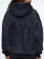 Elorivane Women's Light Grey Angel Wings Sweatshirt, Sequin Embroidery Y2K Dropped Shoulder Fall - Image 14