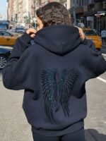 Elorivane Women's Light Grey Angel Wings Sweatshirt, Sequin Embroidery Y2K Dropped Shoulder Fall - Image 15