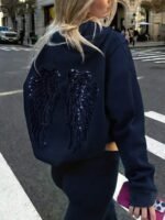 Elorivane Women's Light Grey Angel Wings Sweatshirt, Sequin Embroidery Y2K Dropped Shoulder Fall - Image 9