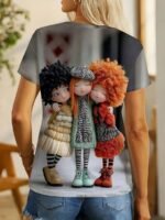 Elorivane Women's Black Cartoon Doll Print Tee, Pastel Beige & Red, Casual Round Neck Short Sleeve Spring Summer Top - Image 8