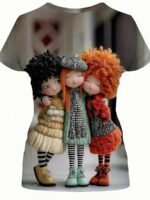 Elorivane Women's Black Cartoon Doll Print Tee, Pastel Beige & Red, Casual Round Neck Short Sleeve Spring Summer Top - Image 9