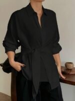 Elorivane Plus Size White Shirt, Lapel Half-Open Tie Hem Long Sleeve Spring Autumn Blouse - Image 15