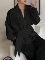 Elorivane Plus Size White Shirt, Lapel Half-Open Tie Hem Long Sleeve Spring Autumn Blouse - Image 17