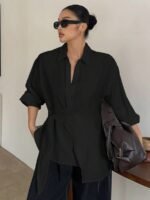 Elorivane Plus Size White Shirt, Lapel Half-Open Tie Hem Long Sleeve Spring Autumn Blouse - Image 18