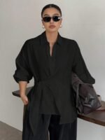 Elorivane Plus Size White Shirt, Lapel Half-Open Tie Hem Long Sleeve Spring Autumn Blouse - Image 19