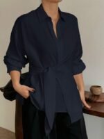 Elorivane Plus Size White Shirt, Lapel Half-Open Tie Hem Long Sleeve Spring Autumn Blouse - Image 10