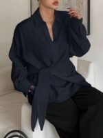 Elorivane Plus Size White Shirt, Lapel Half-Open Tie Hem Long Sleeve Spring Autumn Blouse - Image 12