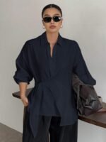 Elorivane Plus Size White Shirt, Lapel Half-Open Tie Hem Long Sleeve Spring Autumn Blouse - Image 14