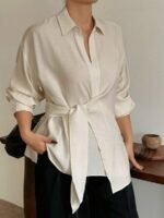 Elorivane Plus Size White Shirt, Lapel Half-Open Tie Hem Long Sleeve Spring Autumn Blouse - Image 20