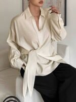Elorivane Plus Size White Shirt, Lapel Half-Open Tie Hem Long Sleeve Spring Autumn Blouse - Image 22