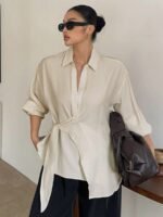 Elorivane Plus Size White Shirt, Lapel Half-Open Tie Hem Long Sleeve Spring Autumn Blouse - Image 23