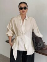 Elorivane Plus Size White Shirt, Lapel Half-Open Tie Hem Long Sleeve Spring Autumn Blouse - Image 24