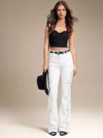 Elorivane Women Black Studded Flared Denim Jeans, High Rise Western Cowgirl Fall Winter Rodeo Festival Pants - Image 13
