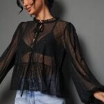 Elorivane Women Sheer Dot Mesh Mock Neck Top, Bow Tie Front Ruffle Peplum Long Sleeve Boho Fall Winter Casual Shirt