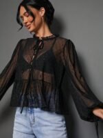 Elorivane Women Sheer Dot Mesh Mock Neck Top, Bow Tie Front Ruffle Peplum Long Sleeve Boho Fall Winter Casual Shirt