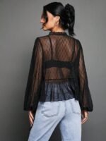 Elorivane Women Sheer Dot Mesh Mock Neck Top, Bow Tie Front Ruffle Peplum Long Sleeve Boho Fall Winter Casual Shirt - Image 2