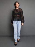 Elorivane Women Sheer Dot Mesh Mock Neck Top, Bow Tie Front Ruffle Peplum Long Sleeve Boho Fall Winter Casual Shirt - Image 3