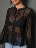 Elorivane Women Sheer Dot Mesh Mock Neck Top, Bow Tie Front Ruffle Peplum Long Sleeve Boho Fall Winter Casual Shirt - Image 6