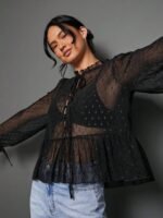 Elorivane Women Sheer Dot Mesh Mock Neck Top, Bow Tie Front Ruffle Peplum Long Sleeve Boho Fall Winter Casual Shirt - Image 7