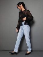 Elorivane Women Sheer Dot Mesh Mock Neck Top, Bow Tie Front Ruffle Peplum Long Sleeve Boho Fall Winter Casual Shirt - Image 8