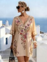 Elorivane Plus Size Women Summer Short Sleeve Floral Print Dress, Patchwork Lace Trim, Resort Wear Casual Holiday Embroidered Beach Vacation Black