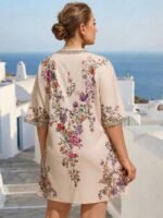 Elorivane Plus Size Women Summer Short Sleeve Floral Print Dress, Patchwork Lace Trim, Resort Wear Casual Holiday Embroidered Beach Vacation Black - Image 2