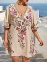 Elorivane Plus Size Women Summer Short Sleeve Floral Print Dress, Patchwork Lace Trim, Resort Wear Casual Holiday Embroidered Beach Vacation Black - Image 3