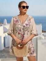 Elorivane Plus Size Women Summer Short Sleeve Floral Print Dress, Patchwork Lace Trim, Resort Wear Casual Holiday Embroidered Beach Vacation Black - Image 4