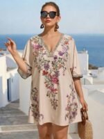 Elorivane Plus Size Women Summer Short Sleeve Floral Print Dress, Patchwork Lace Trim, Resort Wear Casual Holiday Embroidered Beach Vacation Black - Image 5