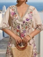 Elorivane Plus Size Women Summer Short Sleeve Floral Print Dress, Patchwork Lace Trim, Resort Wear Casual Holiday Embroidered Beach Vacation Black - Image 7