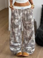 Elorivane Women Olive Green Plaid Cargo Pants, Wide Leg Fold Waist Y2K Hip Hop Trousers - Image 9