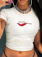Elorivane Women White Y2K Stay Spicy Graphic Crop Tee, Casual Summer Beach T-Shirt - Image 4