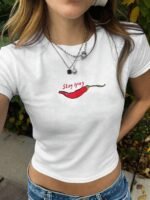 Elorivane Women White Y2K Stay Spicy Graphic Crop Tee, Casual Summer Beach T-Shirt - Image 2