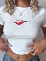 Elorivane Women White Y2K Stay Spicy Graphic Crop Tee, Casual Summer Beach T-Shirt