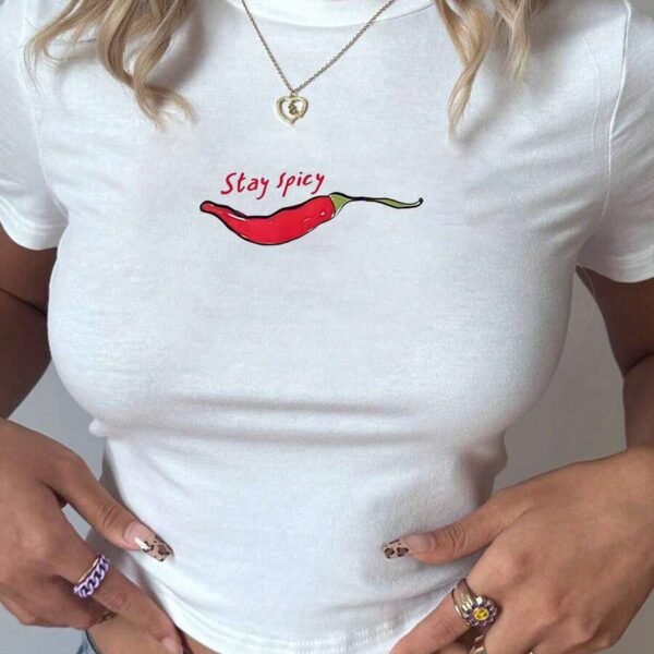 Elorivane Women White Y2K Stay Spicy Graphic Crop Tee, Casual Summer Beach T-Shirt