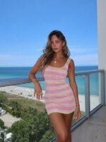 Elorivane Women's Striped Pink Fitted Knit Dress | Casual Vacation Summer Spring Dress - Image 4