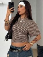 Elorivane Women Dark Grey Ruched Crop Tee, Loose Stretchy Y2K Grunge Summer Streetwear Top - Image 43