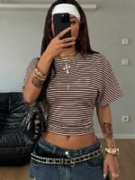 Elorivane Women Dark Grey Ruched Crop Tee, Loose Stretchy Y2K Grunge Summer Streetwear Top - Image 41