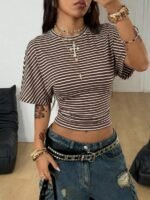 Elorivane Women Dark Grey Ruched Crop Tee, Loose Stretchy Y2K Grunge Summer Streetwear Top - Image 46